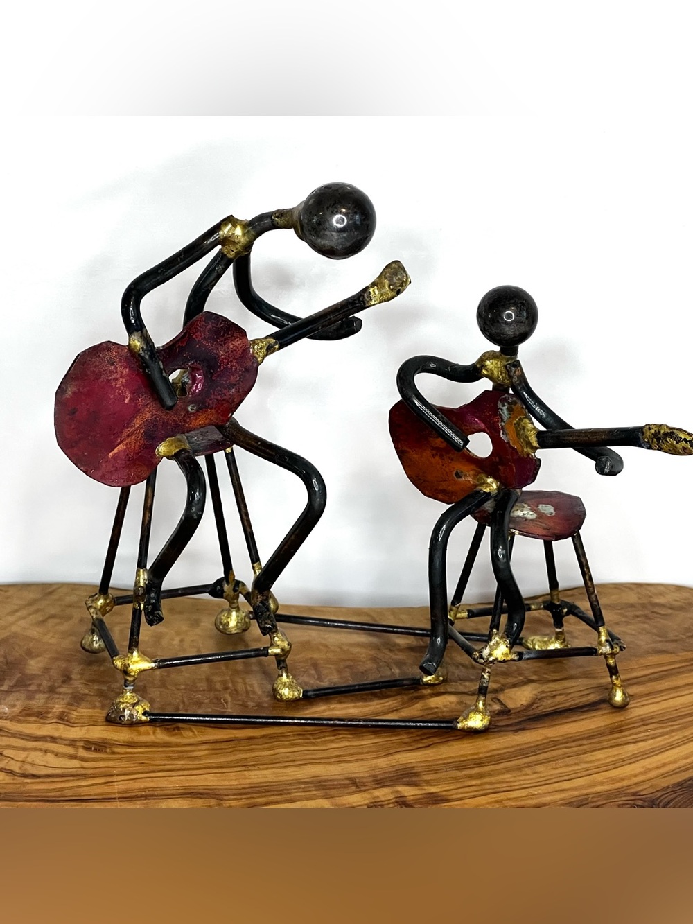 Brutalist Metal Sculpture Guitar Player Pair Set Of 2 Statue 6” MCM Musician